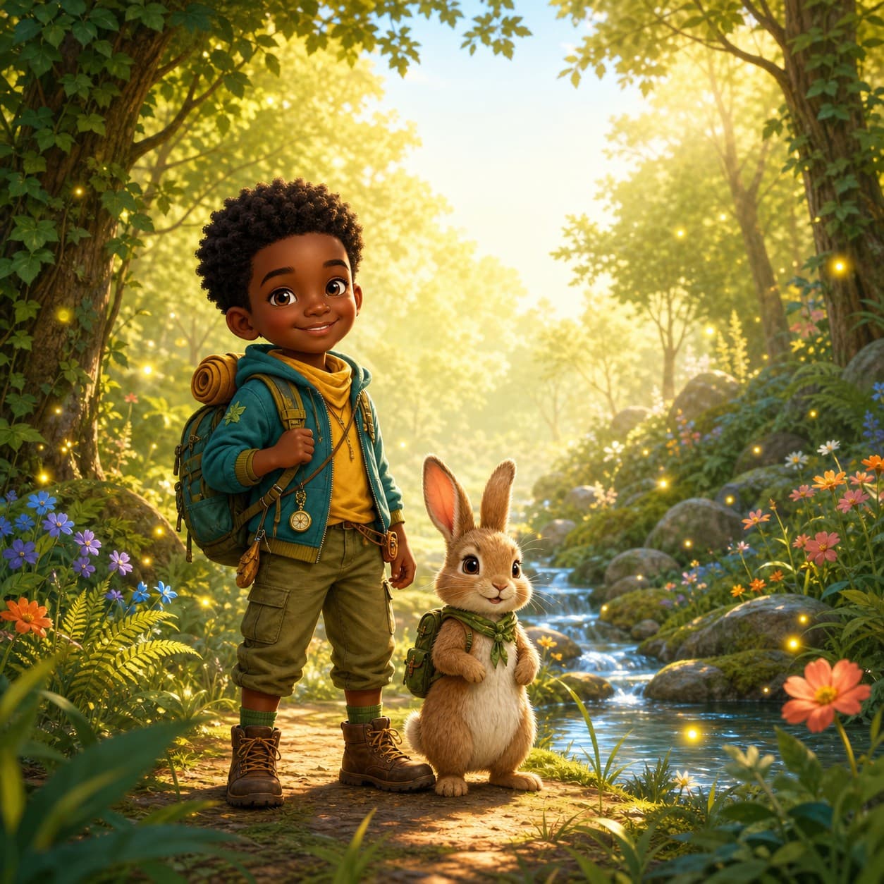 Example adventure book cover featuring a Black child hero and a friendly rabbit