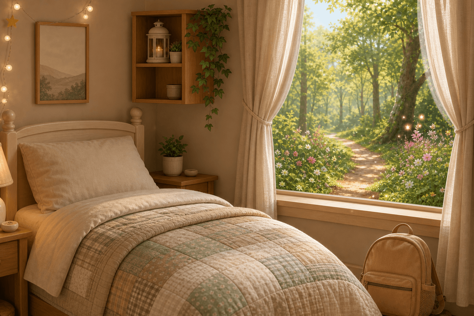 Warm illustrated bedroom opening scene from the Forest Adventure