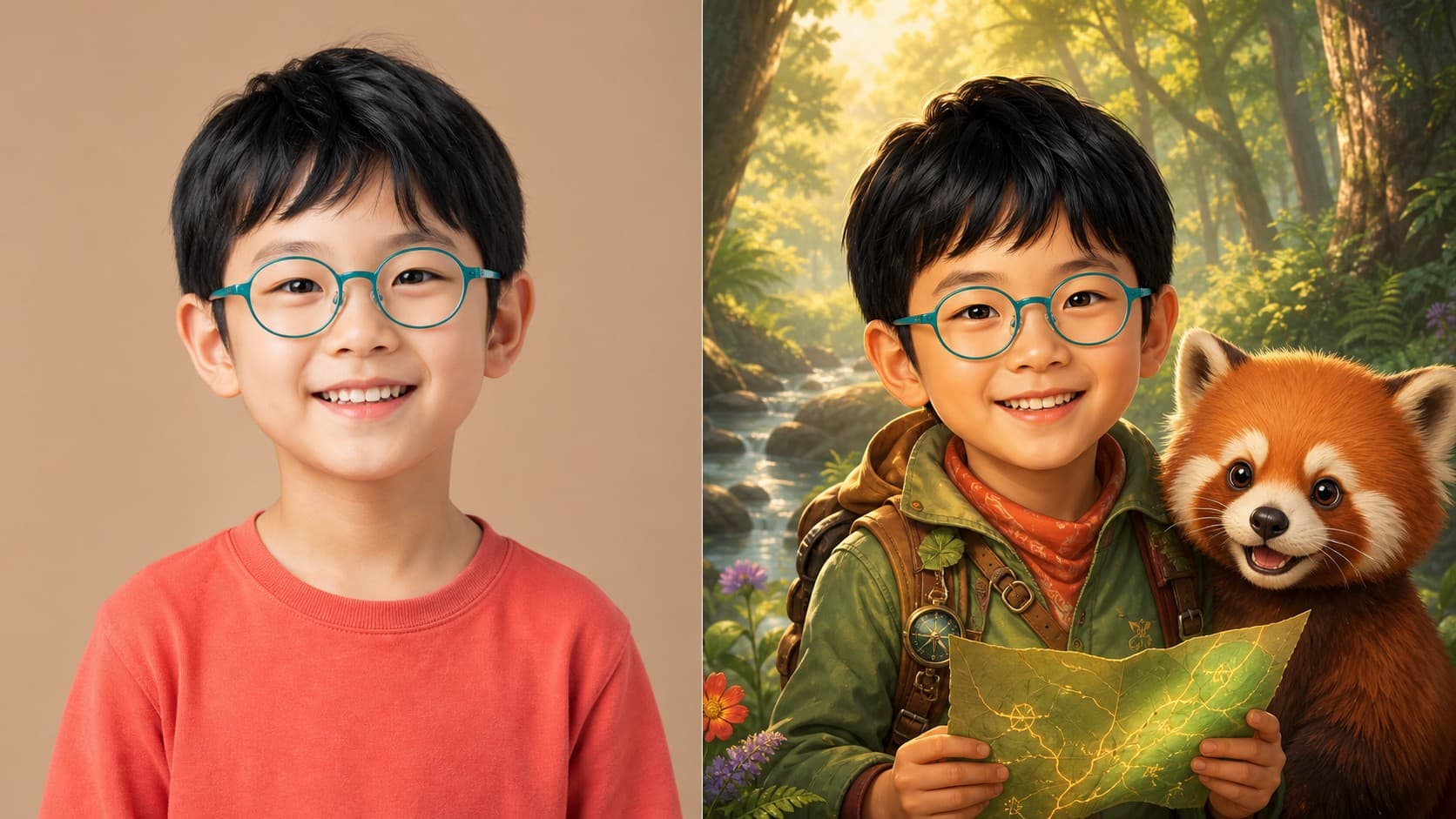 Fictional example of an East Asian child with teal glasses beside their personalized storybook hero